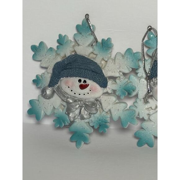 Lot of 4 Snowman Snowflake Blue White Silver Hats 4" Figurine Ornament - Picture 3 of 8